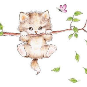 Stiker Gatito Colgando En Rama Niños, Niñas Bebes Decoración