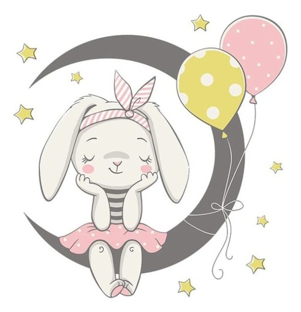 Stiker Conejita Sentada Sobre Luna, Dormitorio Bebe Niñas