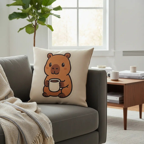 Almohadon Con Imagen De Melody En Poliester Lavable Capibara Tomando Cafe Liso