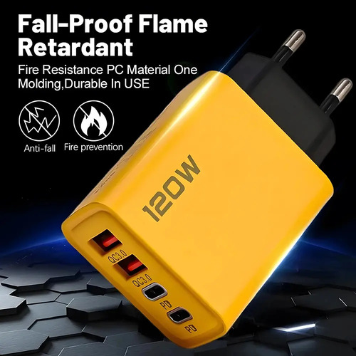 Cargador Con Entradas Usb Y Usb Tipo C Con 4 Salidas. Amarillo - Imagen 3