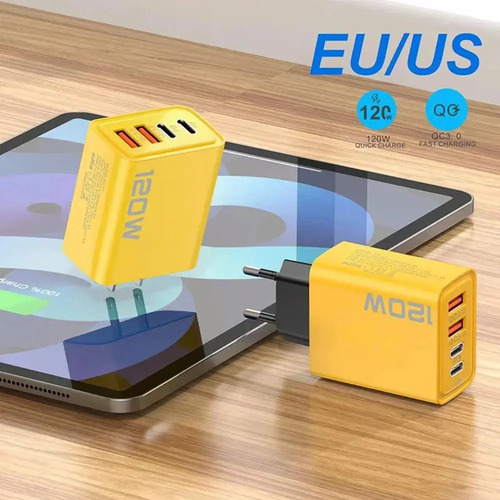 Cargador Con Entradas Usb Y Usb Tipo C Con 4 Salidas. Amarillo - Imagen 4