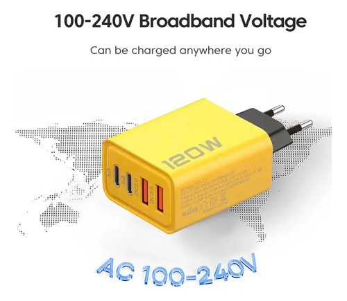 Cargador Con Entradas Usb Y Usb Tipo C Con 4 Salidas. Amarillo - Imagen 2