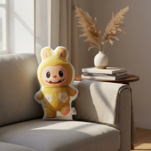 Almohada Muñeco Chibi Labubu Amarillo 29x17 Cm Lavable Amarillo