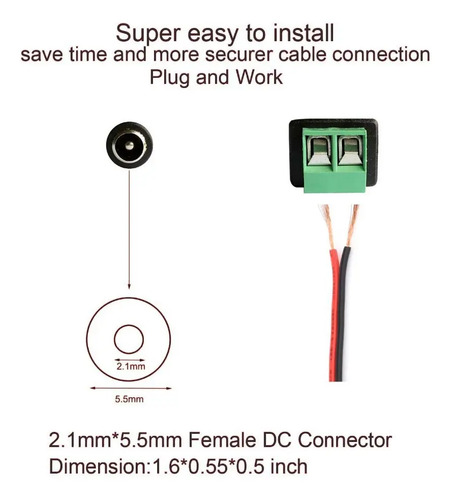 Set 5 Pares Conector Dc Macho Hembra 12v Sin Soldadura Cctv Negro - Imagen 4