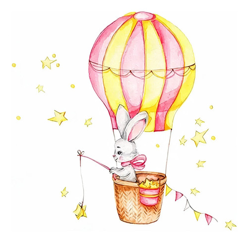 Stiker Conejo En Globo Aerostático Niños Bebes Decoración